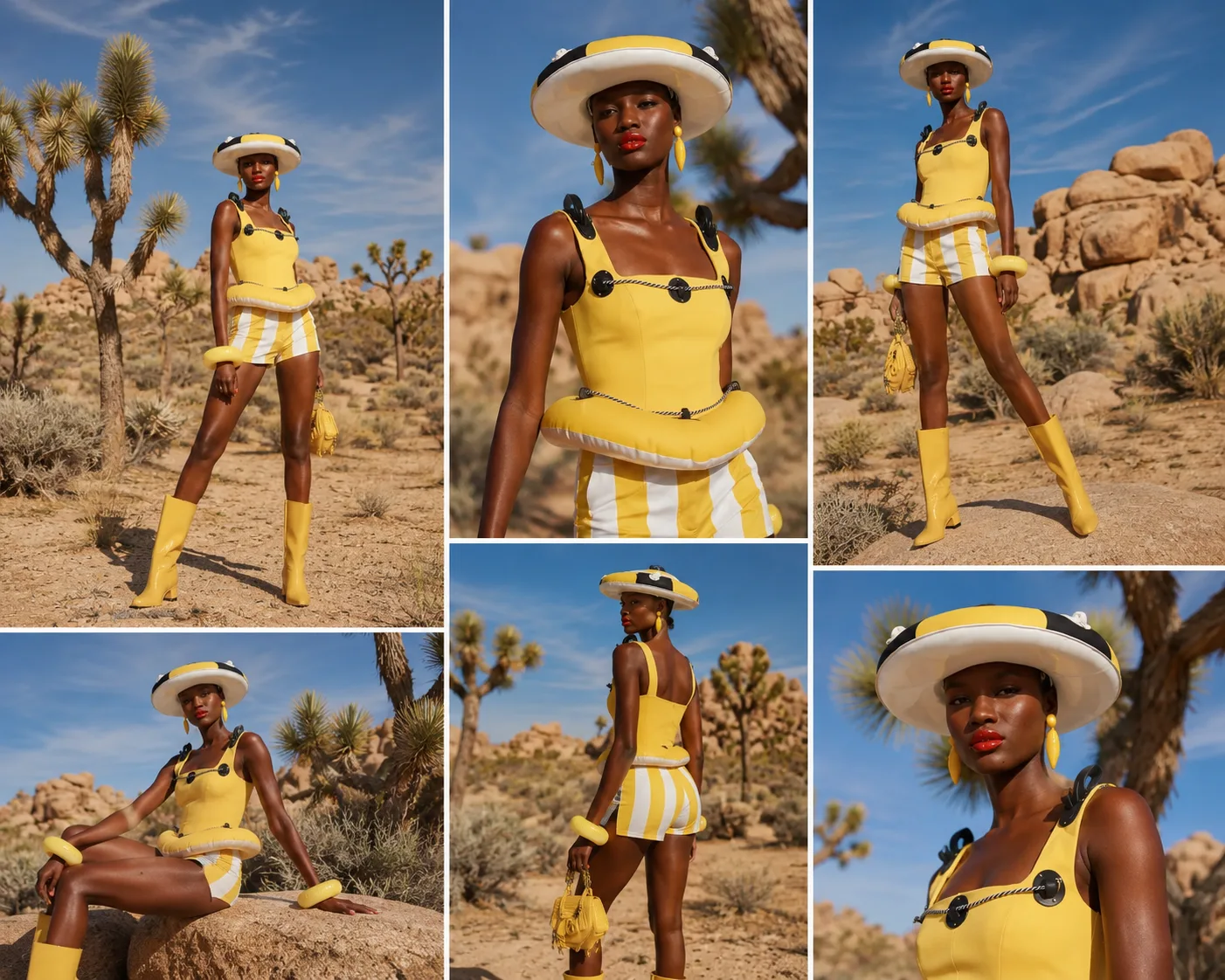 Fashion editorial shot among Joshua Trees and boulders